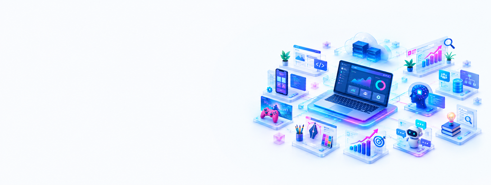 Digital Hevan illustration of connected digital services, development, analytics and creative technology