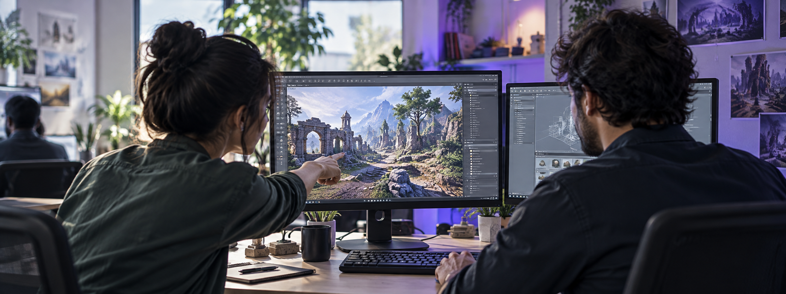 Game developers reviewing a 3D game environment and development tools