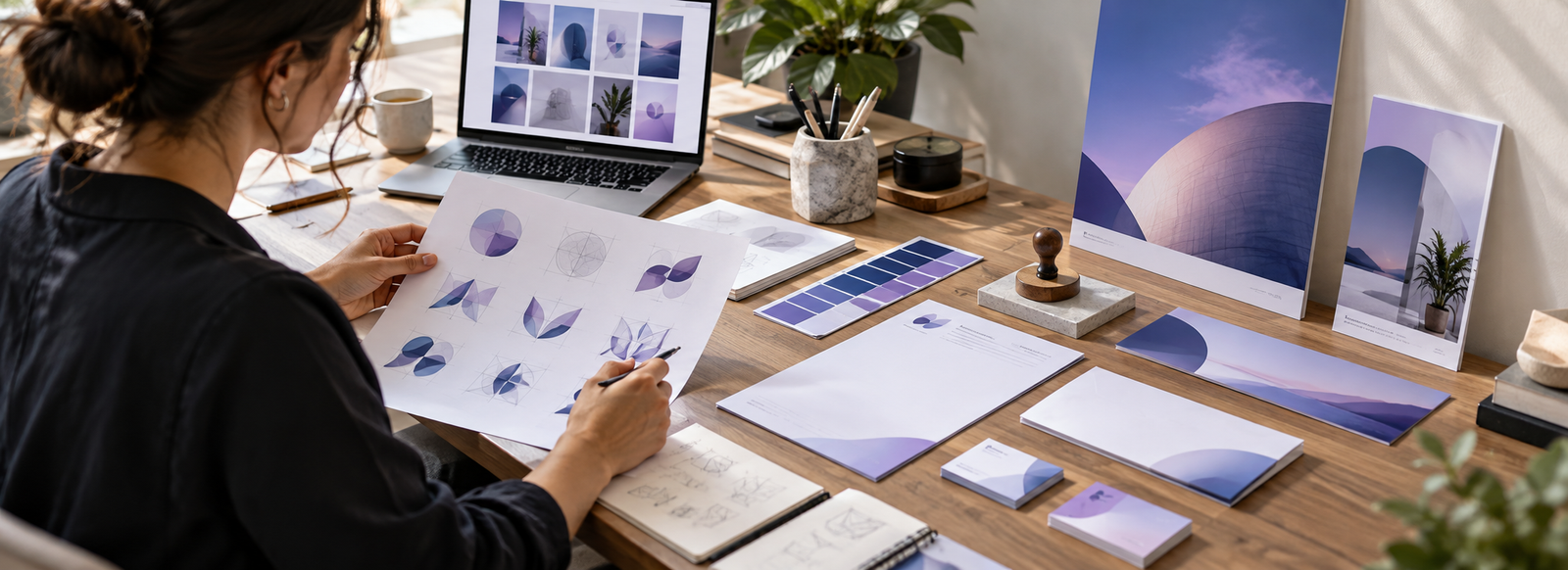 Designer reviewing startup logo, letterhead, stamp and promotional print designs